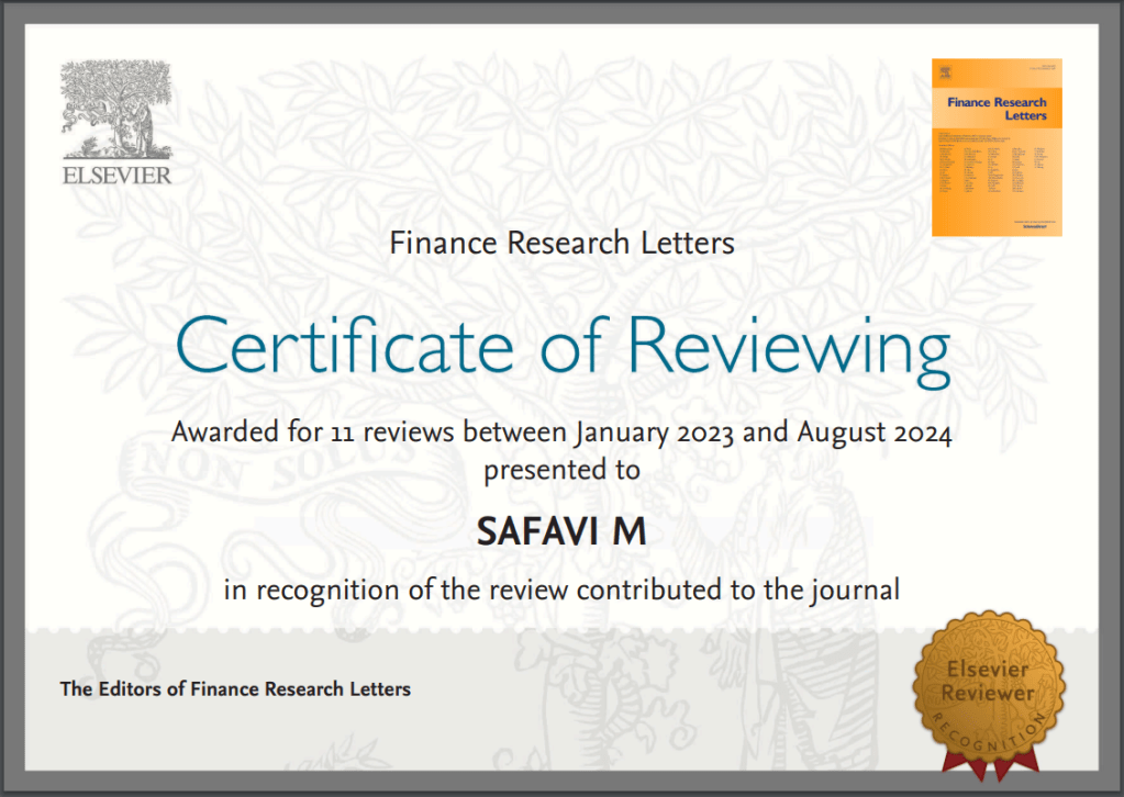Proud to receive a Certificate of Reviewing from Finance Research Letters for completing 11 reviews between Jan 2023 & Aug 2024. Honored to contribute to advancing research in finance! #AcademicChatter #PeerReview #FinanceResearch