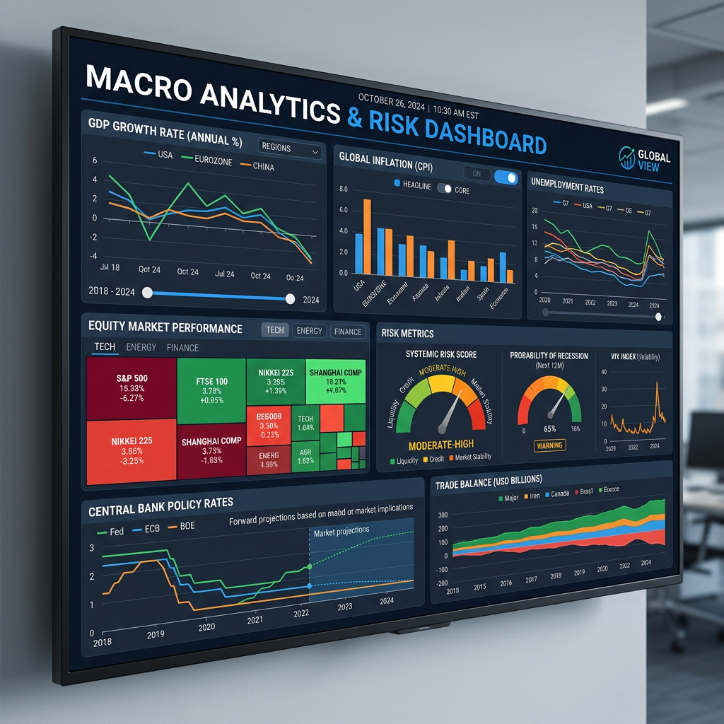 Dashboard showing GDP growth rate, global inflation, unemployment rates, equity market performance, risk metrics, central bank policy rates, and trade balance data.