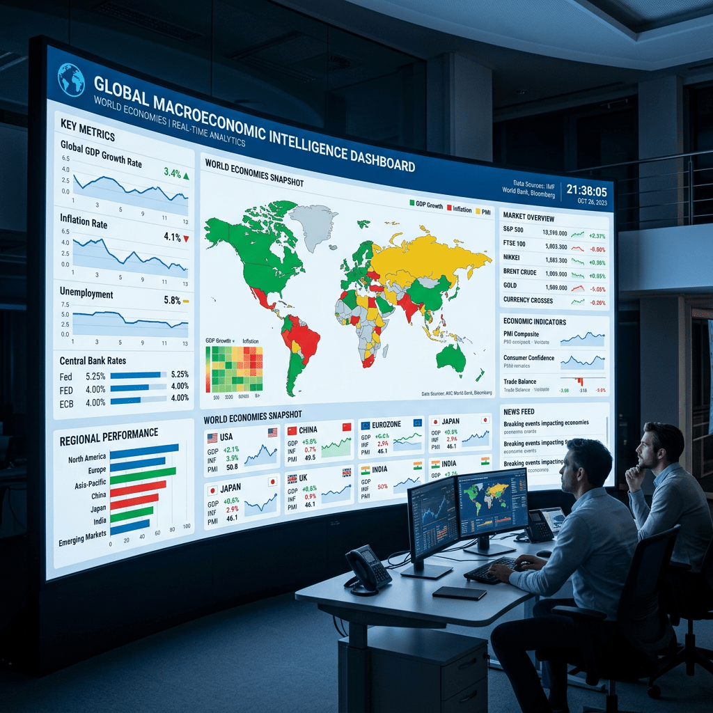 Large screen showing global macroeconomic data including GDP growth, inflation, unemployment, and economic indicators