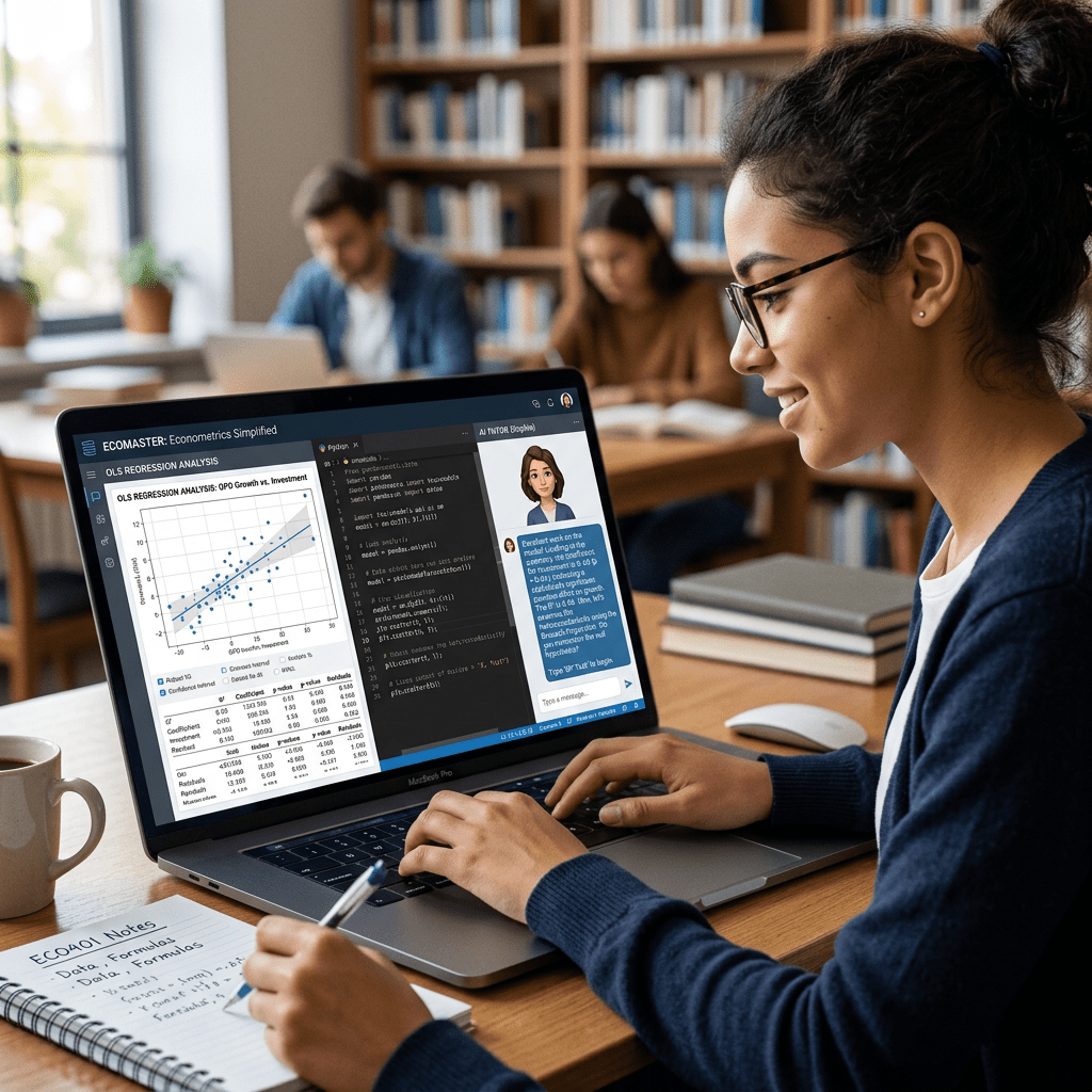 Student studying econometrics with AI tutor on laptop in a library
